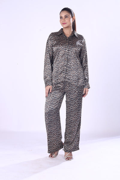 Leopard Print Satin Co-Ord Set Women’s Stylish Poly Satin Shirt & Pants