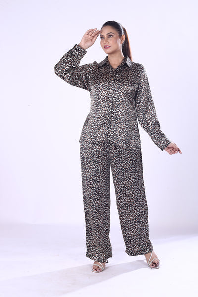 Leopard Print Satin Co-Ord Set Women’s Stylish Poly Satin Shirt & Pants