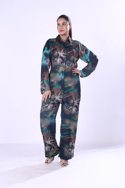 New Collection Print Satin Co-Ord Set for Women Green, Black & Purple Lounge Wear