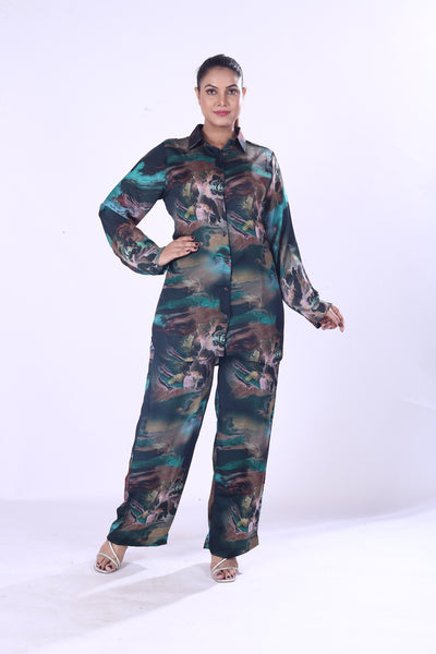 New Collection Print Satin Co-Ord Set for Women Green, Black & Purple Lounge Wear