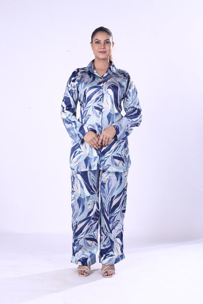 Royal Blue Leaf Print Co-Ord Set for Women & Girls Lightweight Poly-Cotton Casual Wear