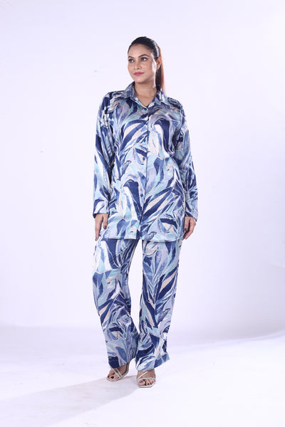 Royal Blue Leaf Print Co-Ord Set for Women & Girls Lightweight Poly-Cotton Casual Wear