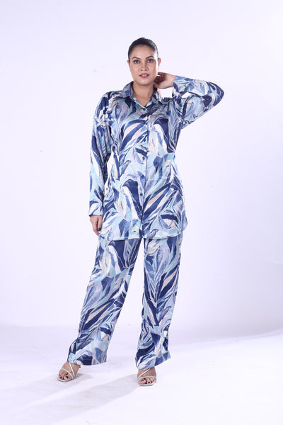 Royal Blue Leaf Print Co-Ord Set for Women & Girls Lightweight Poly-Cotton Casual Wear