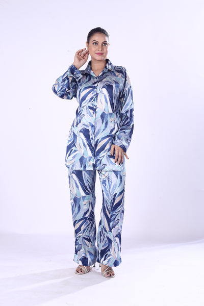 Royal Blue Leaf Print Co-Ord Set for Women & Girls Lightweight Poly-Cotton Casual Wear