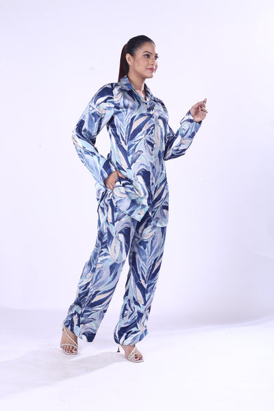 Royal Blue Leaf Print Co-Ord Set for Women & Girls Lightweight Poly-Cotton Casual Wear