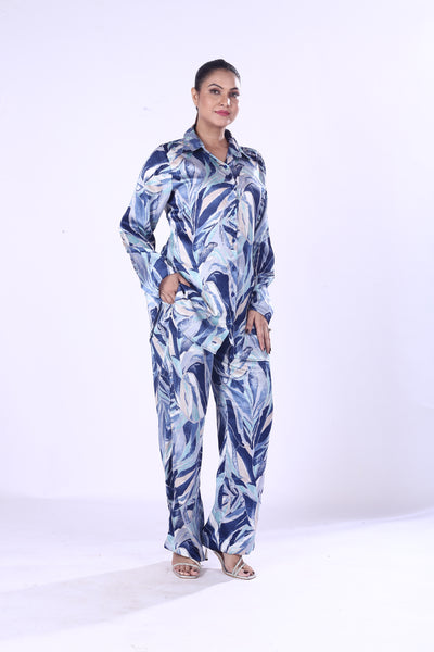 Royal Blue Leaf Print Co-Ord Set for Women & Girls Lightweight Poly-Cotton Casual Wear