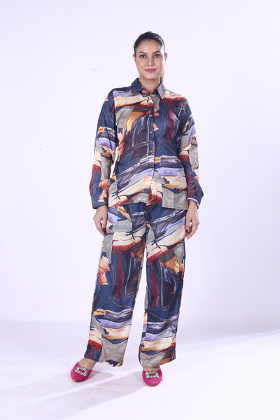 New Designed Cotton Viscose Co-Ord Set Vibrant Silk-Style Print Shirt & Matching Pants