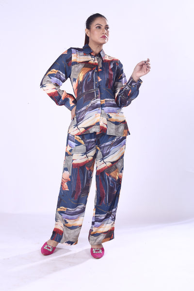 New Designed Cotton Viscose Co-Ord Set Vibrant Silk-Style Print Shirt & Matching Pants