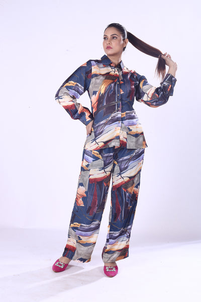 New Designed Cotton Viscose Co-Ord Set Vibrant Silk-Style Print Shirt & Matching Pants