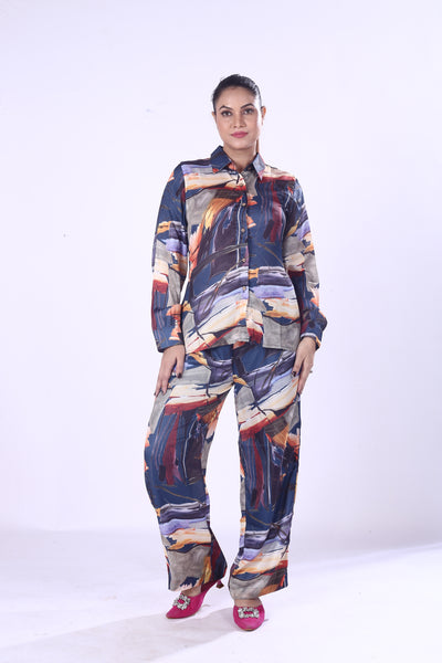 New Designed Cotton Viscose Co-Ord Set Vibrant Silk-Style Print Shirt & Matching Pants
