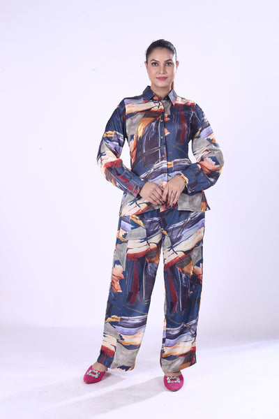New Designed Cotton Viscose Co-Ord Set Vibrant Silk-Style Print Shirt & Matching Pants