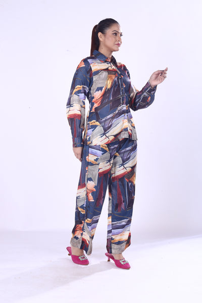 New Designed Cotton Viscose Co-Ord Set Vibrant Silk-Style Print Shirt & Matching Pants