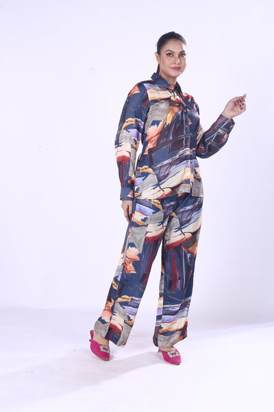 New Designed Cotton Viscose Co-Ord Set Vibrant Silk-Style Print Shirt & Matching Pants