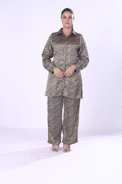Golden Leopard Print Co-Ord Set – Soft Button-Down Shirt & Pants For Women Girls