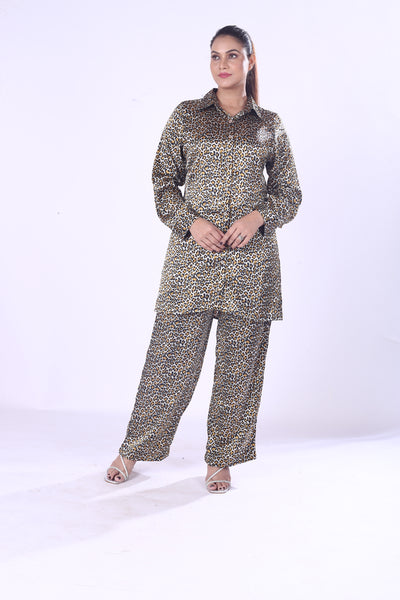 Golden Leopard Print Co-Ord Set – Soft Button-Down Shirt & Pants For Women Girls