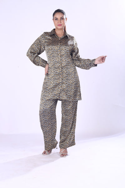 Golden Leopard Print Co-Ord Set – Soft Button-Down Shirt & Pants For Women Girls