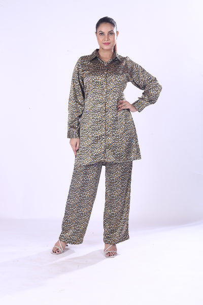 Golden Leopard Print Co-Ord Set – Soft Button-Down Shirt & Pants For Women Girls