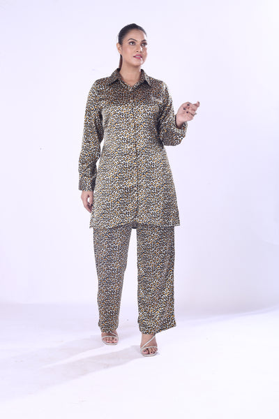 Golden Leopard Print Co-Ord Set – Soft Button-Down Shirt & Pants For Women Girls