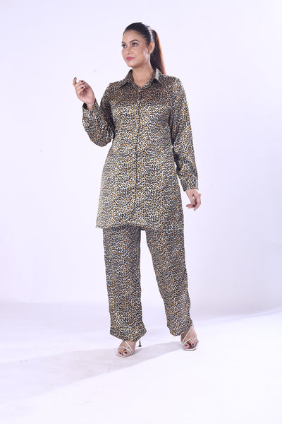 Golden Leopard Print Co-Ord Set – Soft Button-Down Shirt & Pants For Women Girls