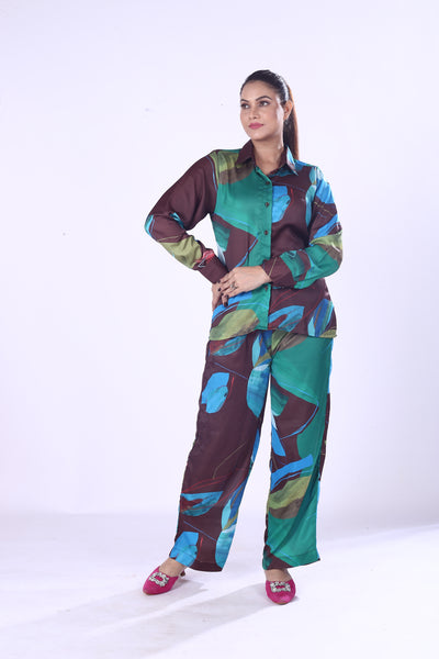 Digital Print Modal Co-Ord Set for Women Green & Blue Button-Down Shirt with Matching Pants