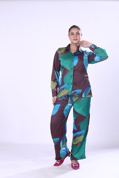 Digital Print Modal Co-Ord Set for Women Green & Blue Button-Down Shirt with Matching Pants