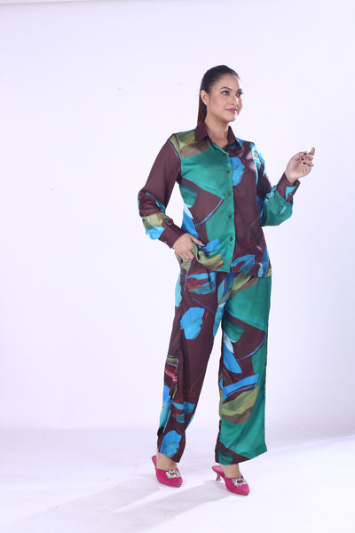 Digital Print Modal Co-Ord Set for Women Green & Blue Button-Down Shirt with Matching Pants