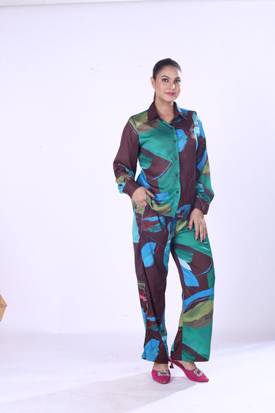 Digital Print Modal Co-Ord Set for Women Green & Blue Button-Down Shirt with Matching Pants