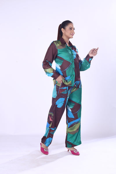 Digital Print Modal Co-Ord Set for Women Green & Blue Button-Down Shirt with Matching Pants