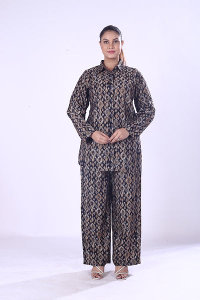 Offer Digital Print Silk Cotton Co-Ord Set for Women Button Down Shirt & Matching Pants
