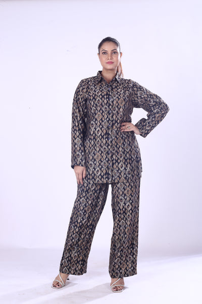 Offer Digital Print Silk Cotton Co-Ord Set for Women Button Down Shirt & Matching Pants