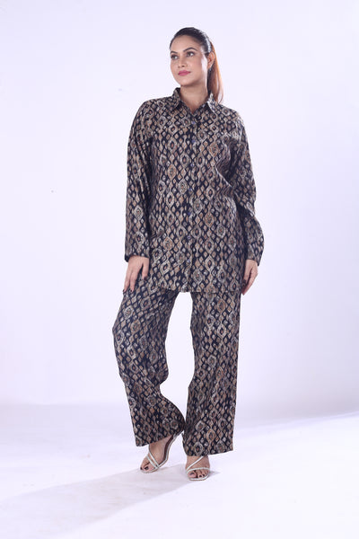 Offer Digital Print Silk Cotton Co-Ord Set for Women Button Down Shirt & Matching Pants