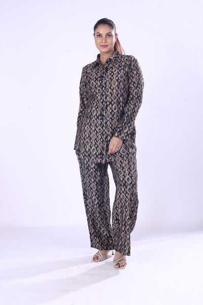 Offer Digital Print Silk Cotton Co-Ord Set for Women Button Down Shirt & Matching Pants