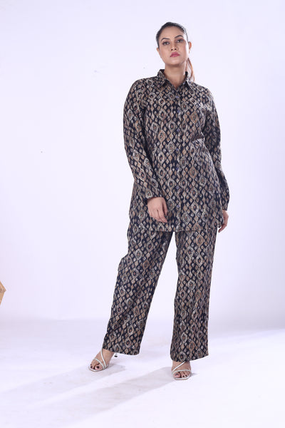 Offer Digital Print Silk Cotton Co-Ord Set for Women Button Down Shirt & Matching Pants