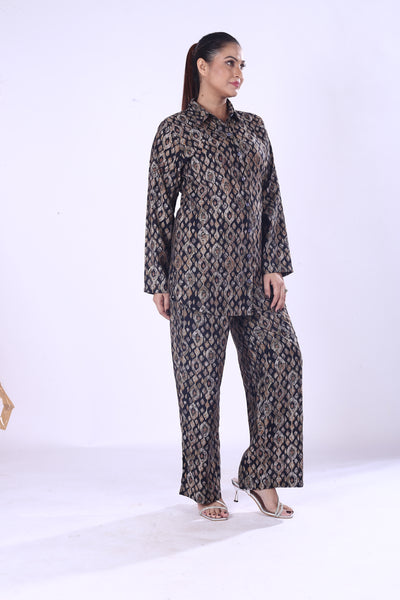 Offer Digital Print Silk Cotton Co-Ord Set for Women Button Down Shirt & Matching Pants
