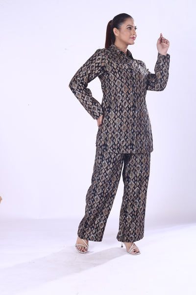 Offer Digital Print Silk Cotton Co-Ord Set for Women Button Down Shirt & Matching Pants
