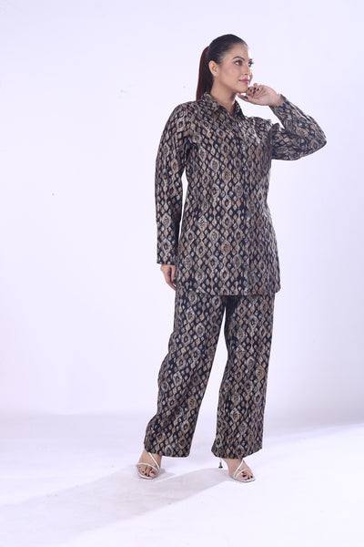 Offer Digital Print Silk Cotton Co-Ord Set for Women Button Down Shirt & Matching Pants