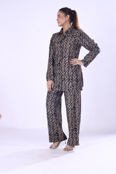 Offer Digital Print Silk Cotton Co-Ord Set for Women Button Down Shirt & Matching Pants