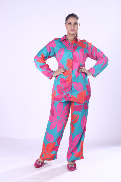 Pink & Blue Floral Digital Print Co-Ord Set Zela Satin Modal Shirt and Trousers for Women
