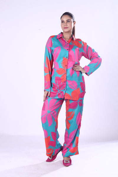 Pink & Blue Floral Digital Print Co-Ord Set Zela Satin Modal Shirt and Trousers for Women