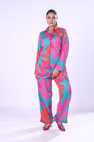 Pink & Blue Floral Digital Print Co-Ord Set Zela Satin Modal Shirt and Trousers for Women