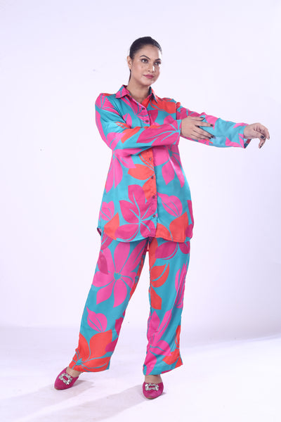 Pink & Blue Floral Digital Print Co-Ord Set Zela Satin Modal Shirt and Trousers for Women