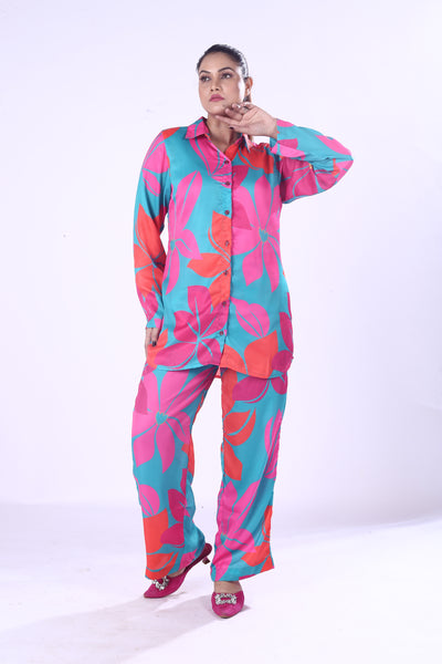 Pink & Blue Floral Digital Print Co-Ord Set Zela Satin Modal Shirt and Trousers for Women