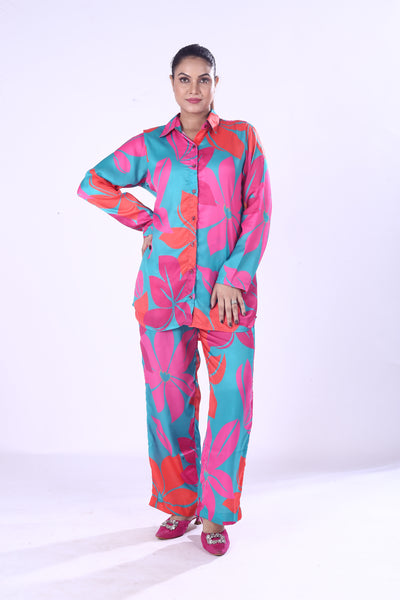 Pink & Blue Floral Digital Print Co-Ord Set Zela Satin Modal Shirt and Trousers for Women