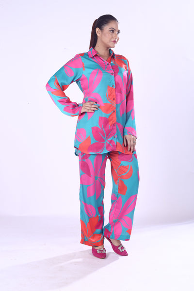 Pink & Blue Floral Digital Print Co-Ord Set Zela Satin Modal Shirt and Trousers for Women