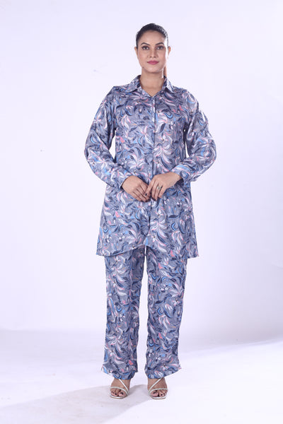 Violet Satin Leaf Print Co-Ord Set for Women Button Down Shirt & Pants