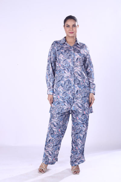 Violet Satin Leaf Print Co-Ord Set for Women Button Down Shirt & Pants