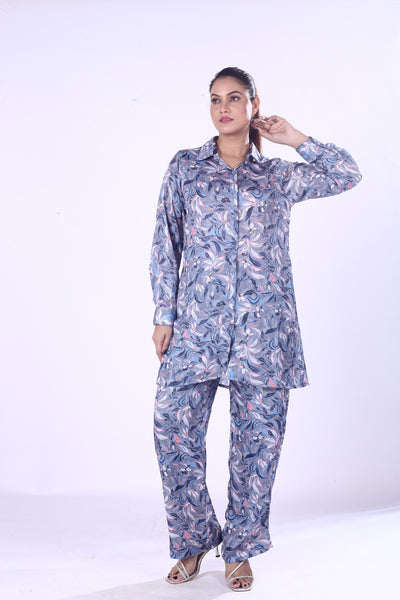 Violet Satin Leaf Print Co-Ord Set for Women Button Down Shirt & Pants