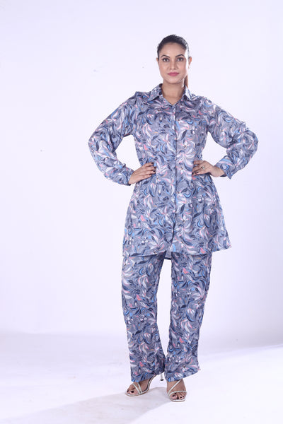 Violet Satin Leaf Print Co-Ord Set for Women Button Down Shirt & Pants