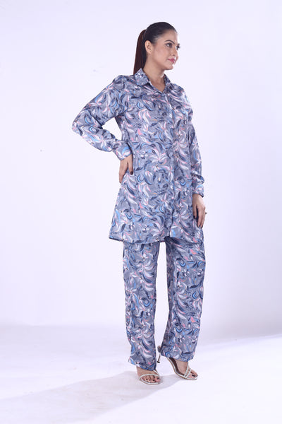Violet Satin Leaf Print Co-Ord Set for Women Button Down Shirt & Pants