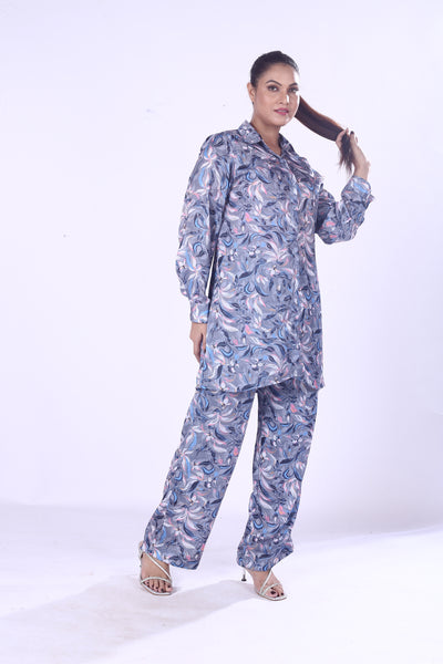Violet Satin Leaf Print Co-Ord Set for Women Button Down Shirt & Pants